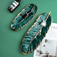 Luxury Ceramic Platter Storage Tray with Glod Rim Green Leaf Glod Feather Jewelry-Kitchen Slicers-Golonzo