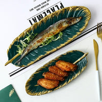 Luxury Ceramic Platter Storage Tray with Glod Rim Green Leaf Glod Feather Jewelry-Kitchen Slicers-Golonzo