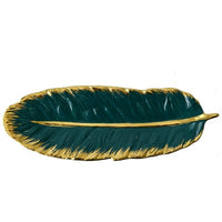 Luxury Ceramic Platter Storage Tray with Glod Rim Green Leaf Glod Feather Jewelry-Kitchen Slicers-Golonzo