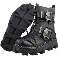 Men's Cowhide Genuine Leather Military Combat Boots Gothic Skull-Casual Shoes-Golonzo