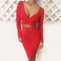 Red Black White Long Sleeve Elastic Cotton Sexy Party Dresses-Dresses-Golonzo
