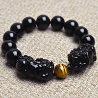 Natural Stone Black Obsidian Bracelet With Tiger Eye And Double Pixiu Lucky Brave Charms-Bracelet-Golonzo