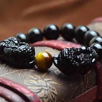 Natural Stone Black Obsidian Bracelet With Tiger Eye And Double Pixiu Lucky Brave Charms-Bracelet-Golonzo