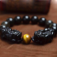Natural Stone Black Obsidian Bracelet With Tiger Eye And Double Pixiu Lucky Brave Charms-Bracelet-Golonzo