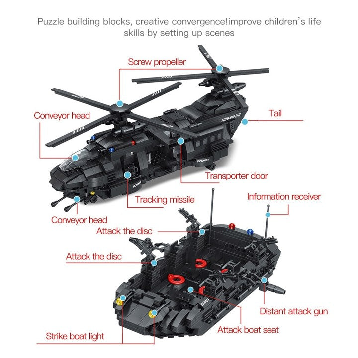 SWAT Team Building Blocks Set Transport Helicopter and Tank (With 10 SWAT Figures)-Toys-Golonzo