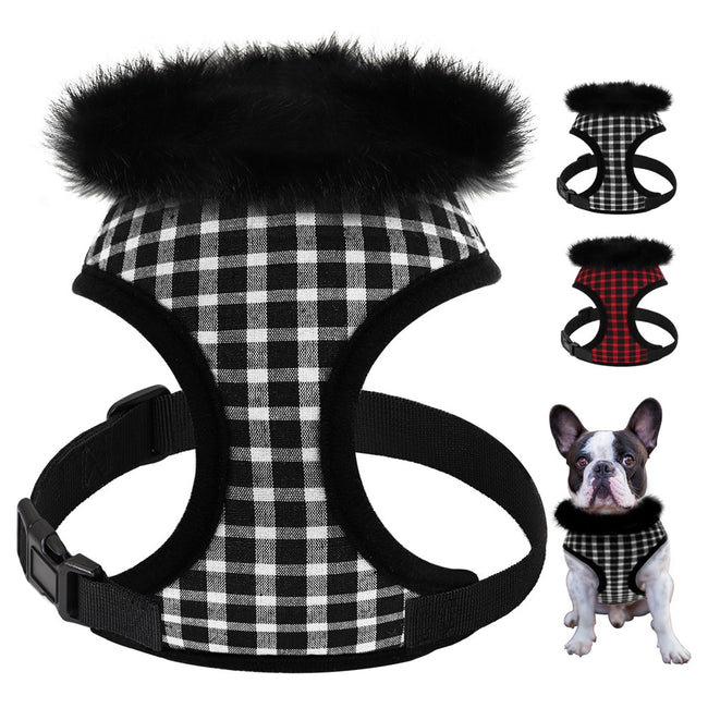 Soft Puppy Dog/Cat Harness - Breathable Plaid Pet Harnesses Vest Clothes with Fur Accessories-Pet Collars & Harnesses-Golonzo