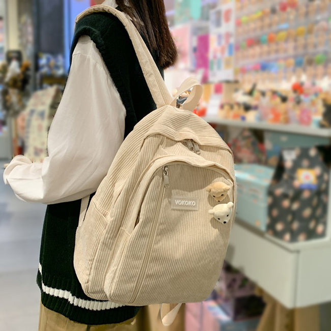Cute Corduroy Backpack Stripe Pattern for Teenage Girls-Backpacks-Golonzo