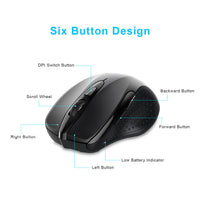TeckNet Pro Wireless Mouse Nano Receiver Ergonomic Mice - 6 Buttons 2400DPI-Mice & Trackballs-Golonzo