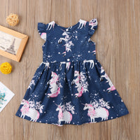 Toddler Baby Girls Round Neck Floral Outfits Unicorn Summer Sleeveless Blue Dresses-Dresses-Golonzo