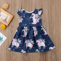 Toddler Baby Girls Round Neck Floral Outfits Unicorn Summer Sleeveless Blue Dresses-Dresses-Golonzo