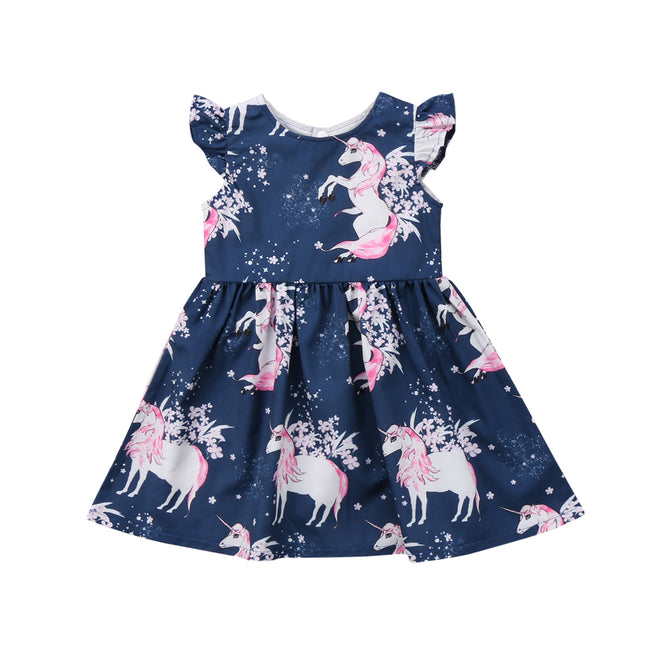Toddler Baby Girls Round Neck Floral Outfits Unicorn Summer Sleeveless Blue Dresses-Dresses-Golonzo