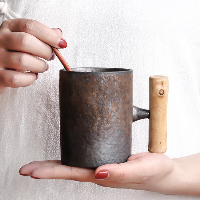 Vintage Ceramic Coffee Mug with Wood Handle-Mugs-Golonzo