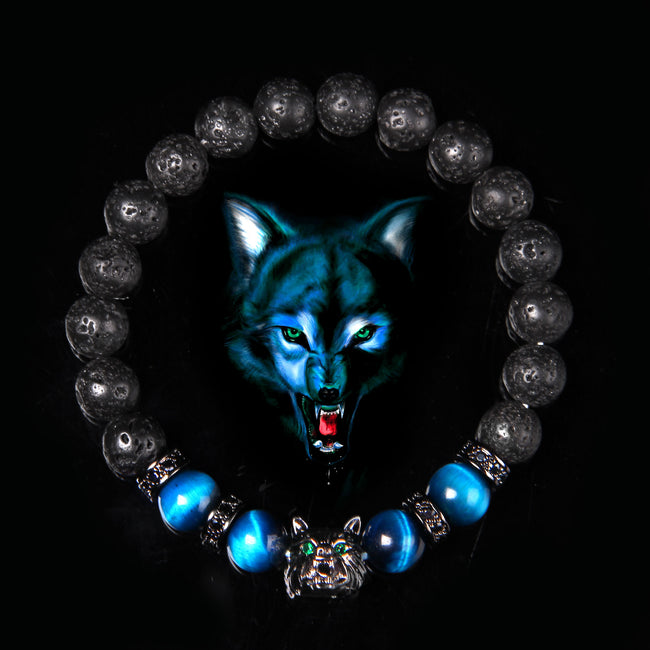 Fenrir Wolf Charm Bracelets - Natural Black Lava Stone Bracelets + Tiger Eye Bracelets-Bracelets-Golonzo