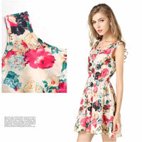 Women Summer Dress - Apricot Sleeveless O-Neck Florals Print-Dresses-Golonzo