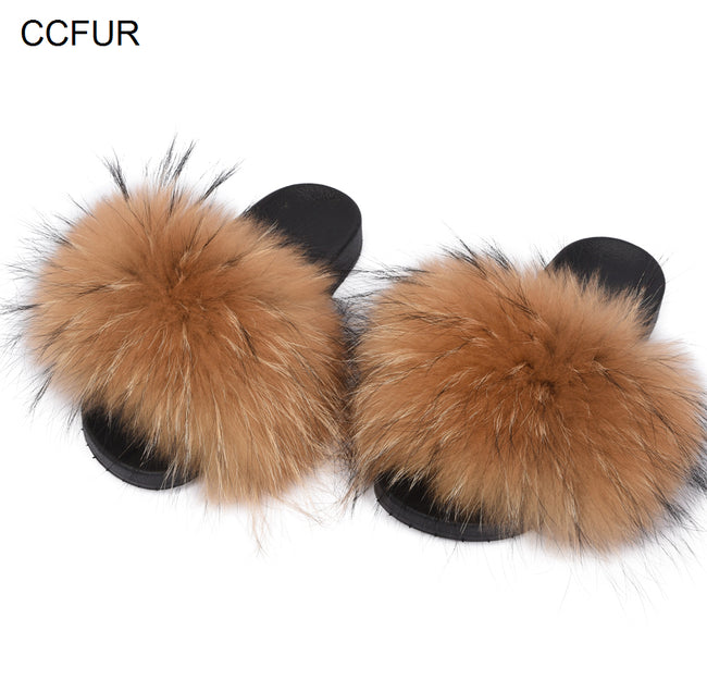 Fashion Cute Raccoon Fur Slipper-Women Shoes-Golonzo
