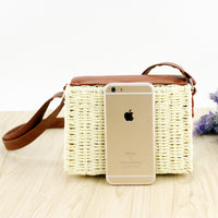 Women's woven Casual Boston handbags Handmade Straw Bag+PU Leather-Shoulder Bags-Golonzo
