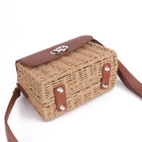 Women's woven Casual Boston handbags Handmade Straw Bag+PU Leather-Shoulder Bags-Golonzo