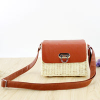 Women's woven Casual Boston handbags Handmade Straw Bag+PU Leather-Shoulder Bags-Golonzo