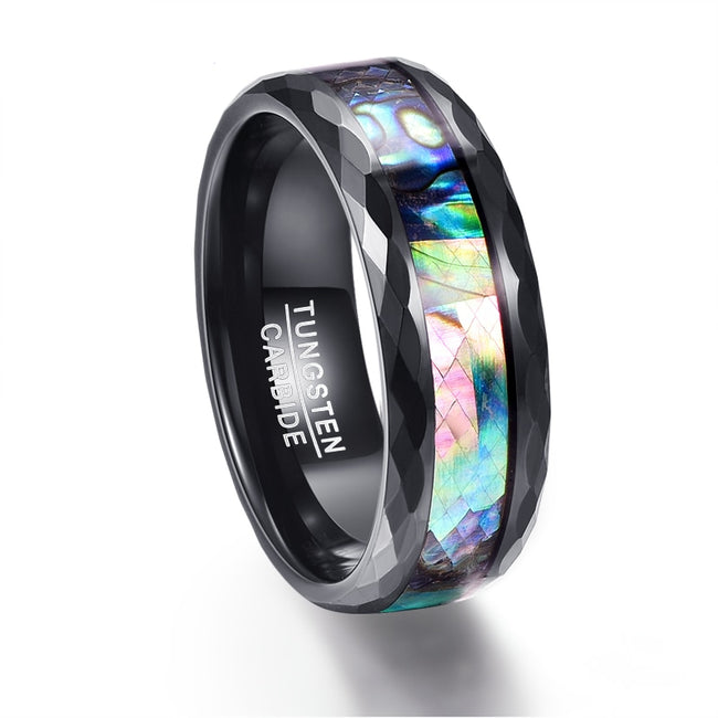 Abalone Shell & Polished Black Faceted Tungsten Carbide Rings Wedding Bands-ring-Golonzo