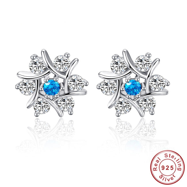White Snow Crystal 925 Sterling Silver Stud Earrings - Blue stone-Earrings-Golonzo