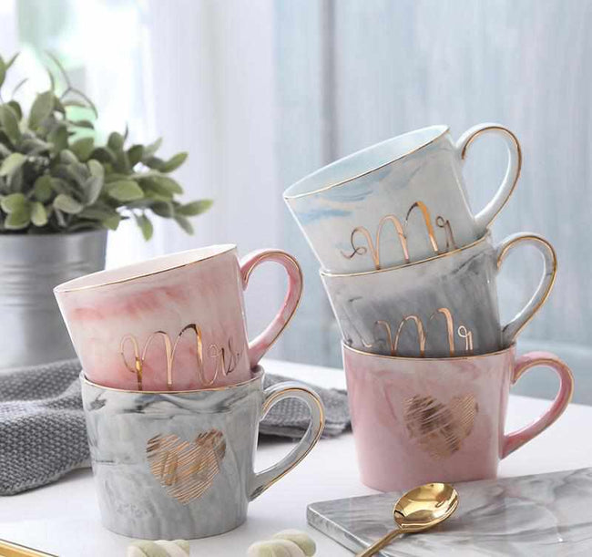 Handpainted Gold Monogram Natural Marble Porcelain Coffee Mug-Coffee and Tea Cups-Golonzo