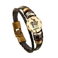 BLACK GALLSTONE ZODIAC SIGNS LEATHER BRACELET-Bracelet-Golonzo