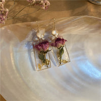 Natural Rose Earrings Vintage Gold Foil Pearl Long Earrings Epoxy Eternal Flower Earrings-Earrings-Golonzo