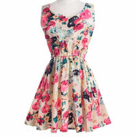 Women Summer Dress - Apricot Sleeveless O-Neck Florals Print-Dresses-Golonzo