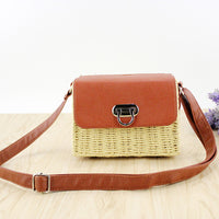 Women's woven Casual Boston handbags Handmade Straw Bag+PU Leather-Shoulder Bags-Golonzo