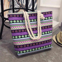 Women Canvas bohemian style striped Shoulder Beach Bag - Female Casual Tote Shopping Big Bag-Handbags-Golonzo