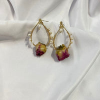Natural Rose Earrings Vintage Gold Foil Pearl Long Earrings Epoxy Eternal Flower Earrings-Earrings-Golonzo