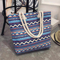 Women Canvas bohemian style striped Shoulder Beach Bag - Female Casual Tote Shopping Big Bag-Handbags-Golonzo