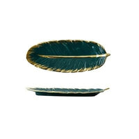 Luxury Ceramic Platter Storage Tray with Glod Rim Green Leaf Glod Feather Jewelry-Kitchen Slicers-Golonzo