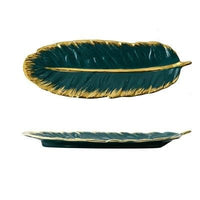 Luxury Ceramic Platter Storage Tray with Glod Rim Green Leaf Glod Feather Jewelry-Kitchen Slicers-Golonzo