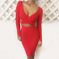 Red Black White Long Sleeve Elastic Cotton Sexy Party Dresses-Dresses-Golonzo