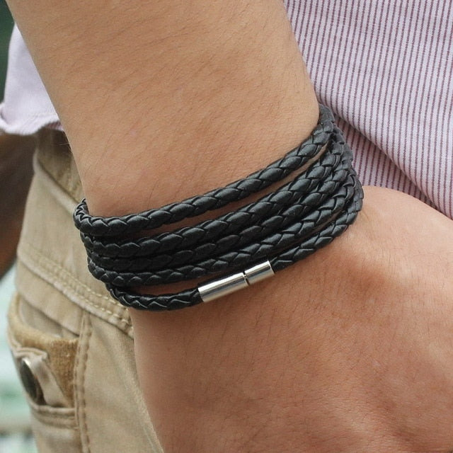 Retro Wrap Long Leather Bracelet - Chain link male charm bracelet with 5 laps-Bracelet-Golonzo