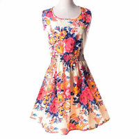 Women Summer Dress - Apricot Sleeveless O-Neck Florals Print-Dresses-Golonzo