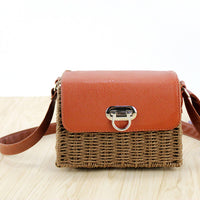 Women's woven Casual Boston handbags Handmade Straw Bag+PU Leather-Shoulder Bags-Golonzo