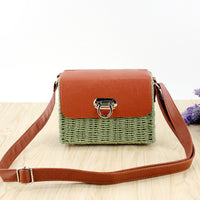 Women's woven Casual Boston handbags Handmade Straw Bag+PU Leather-Shoulder Bags-Golonzo