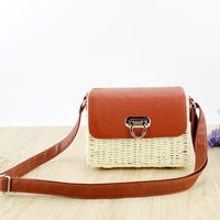Women's woven Casual Boston handbags Handmade Straw Bag+PU Leather-Shoulder Bags-Golonzo